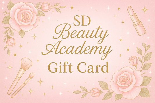 a gift card for SD Beauty Academy, candy pink, white and gold color, girlie style